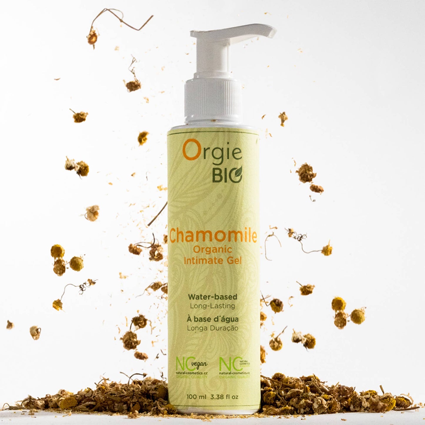 Orgie BIO Chamomile Organic Intimate Gel bottle with chamomile flowers on a white background