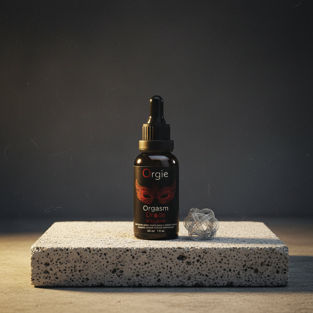 Orgie Kissable Orgasm Drops. A discreet bottle of edible clitoral stimulating fluid with a red apple flavor profile."