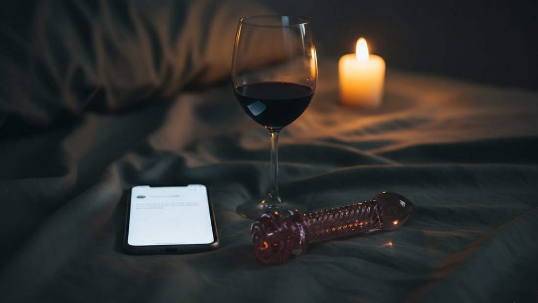 A smartphone glowing on dark green linen sheets next to a pink glass pleasure sculpture and a candle, representing the ritual of digital intimacy.