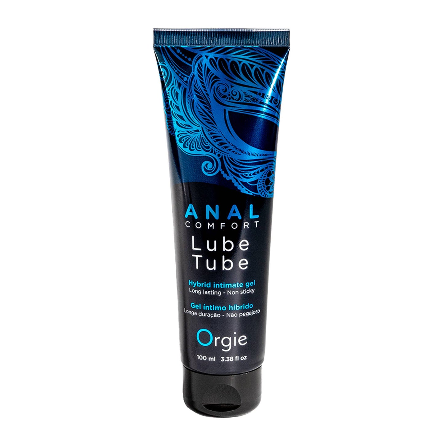 Orgie Anal Confort lubricant in a minimalist white and blue tube, a high-viscosity water-based gel for enhanced protection and long-lasting glide.