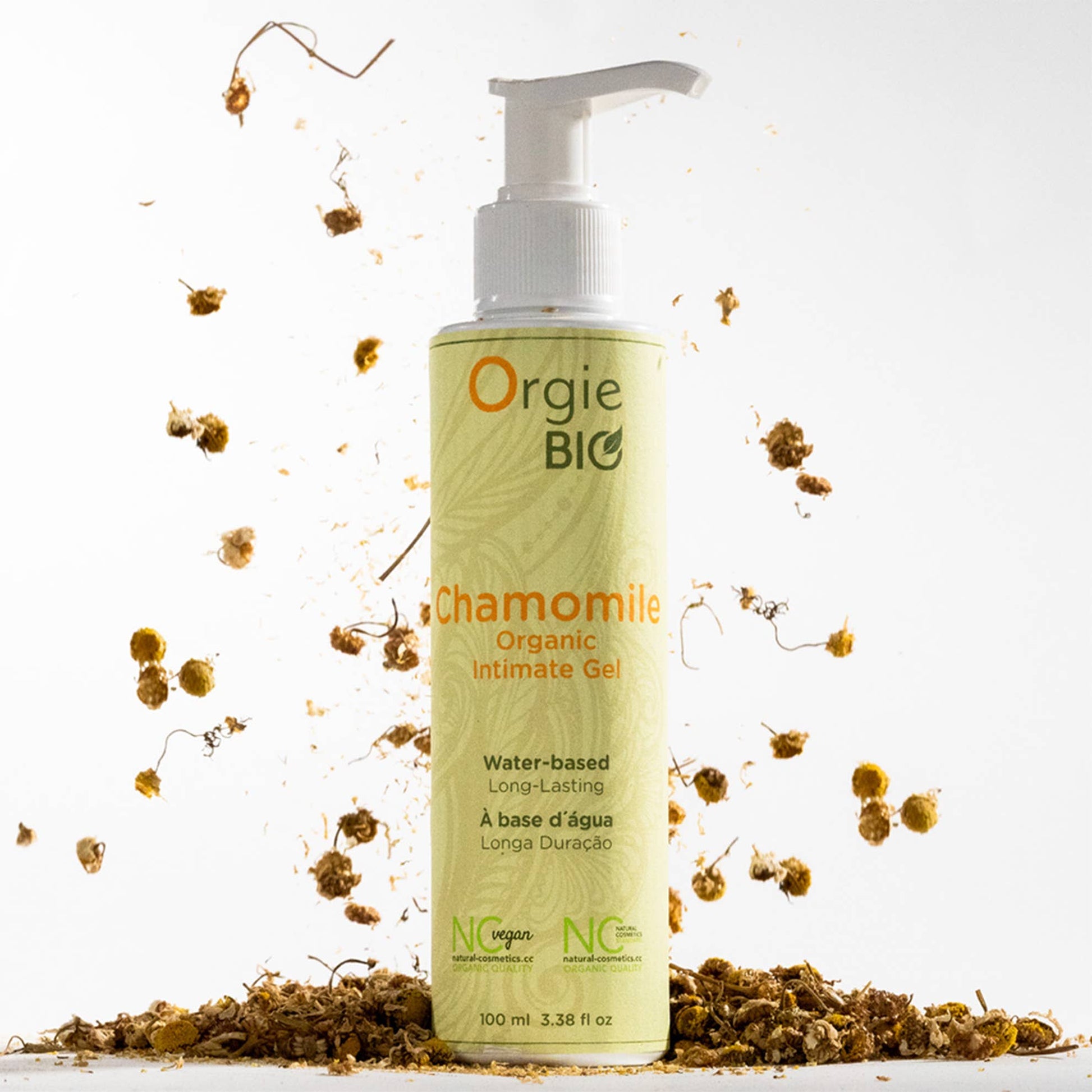 Orgie BIO Chamomile Organic Intimate Gel bottle with chamomile flowers on a white background