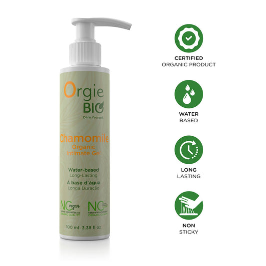 Orgie BIO chamomile organic intimate gel bottle with certification icons on a white background