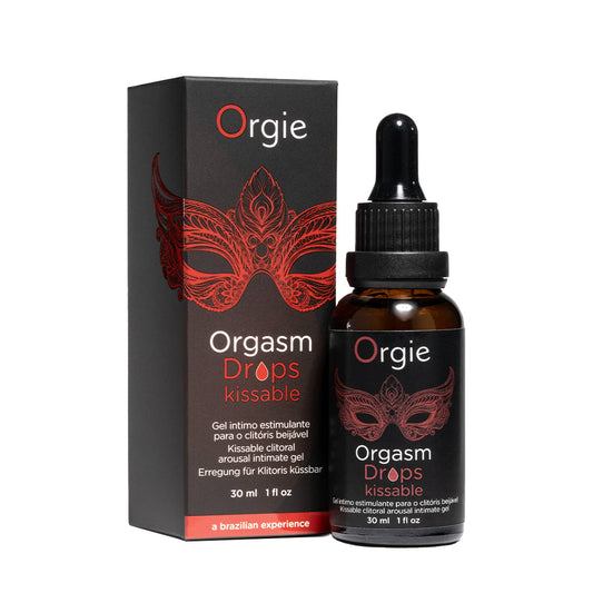 Orgie Kissable Orgasm Drops, a flavored arousal serum in a sleek dropper bottle designed for intimate shared play.