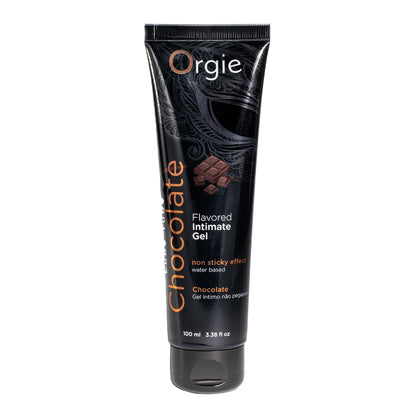 Tube of Orgie Chocolate flavored intimate gel on a white background