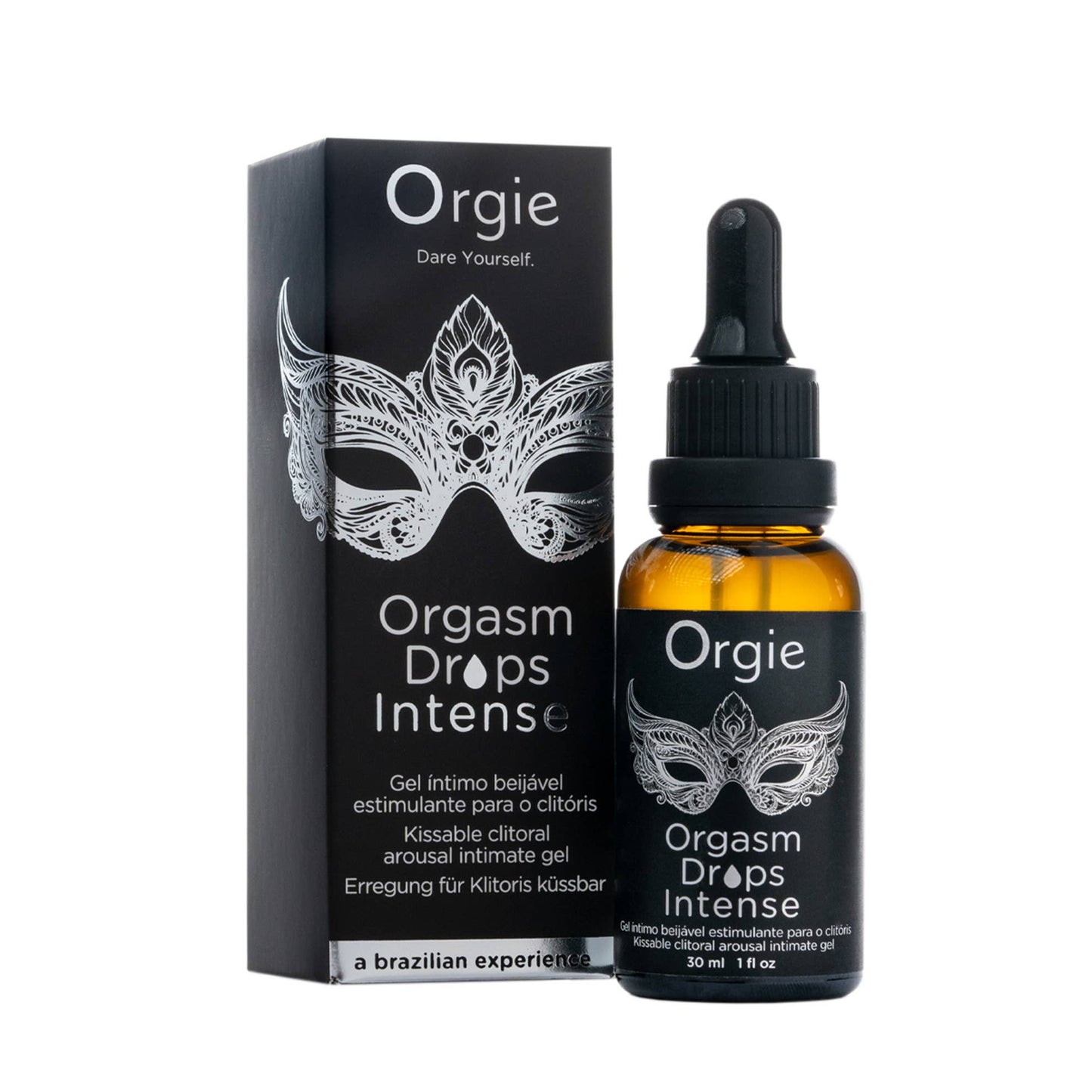 Orgie Orgasm Drops in minimalist dropper bottles, Intense variant for targeted sensory enhancement.