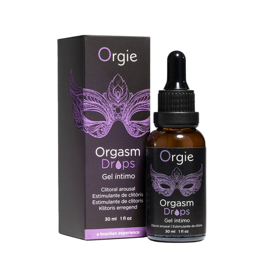 Orgie Orgasm Drops in minimalist dropper bottles, featuring Intense and Clitoral Arousal variants for targeted sensory enhancement.