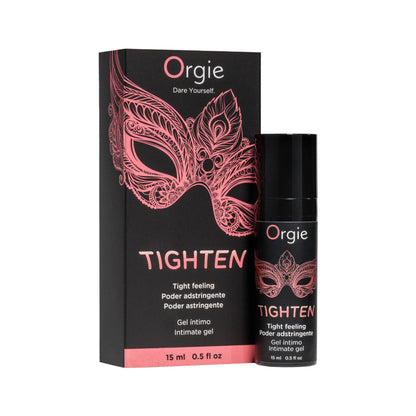 Orgie Tighten restorative internal serum in a minimalist white tube, a specialized gel designed for tissue toning and enhanced tactile sensation.