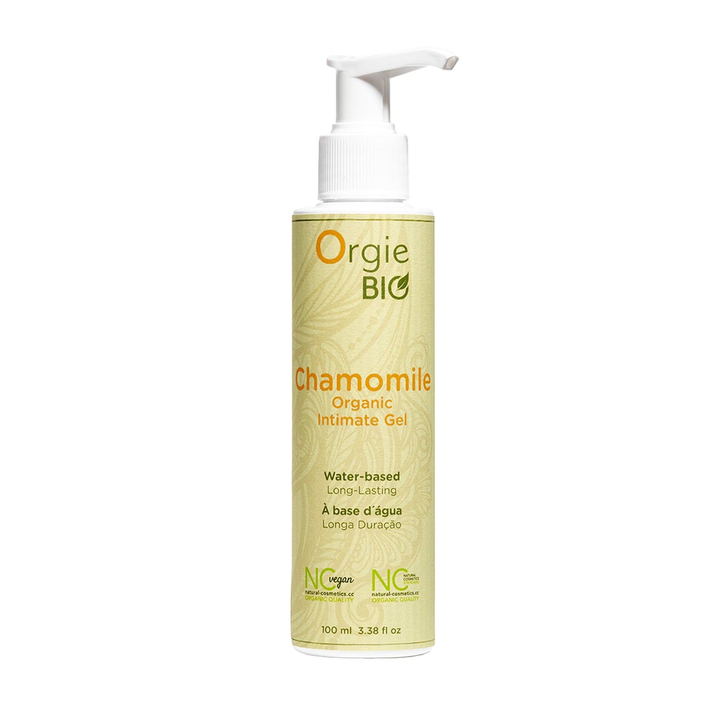 Orgie Bio Chamomile organic intimate gel in a clean, botanical-inspired tube, featuring certified organic ingredients and soothing chamomile extract.