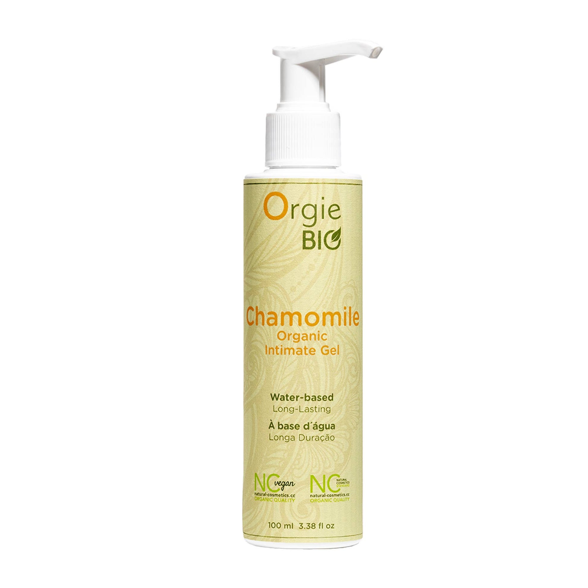 Orgie Bio Chamomile organic intimate gel in a clean, botanical-inspired tube, featuring certified organic ingredients and soothing chamomile extract.