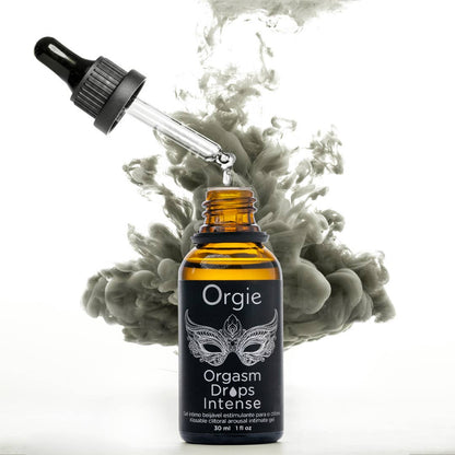 Bottle of Orgie Orgasm Drops Intense with dropper against a white background