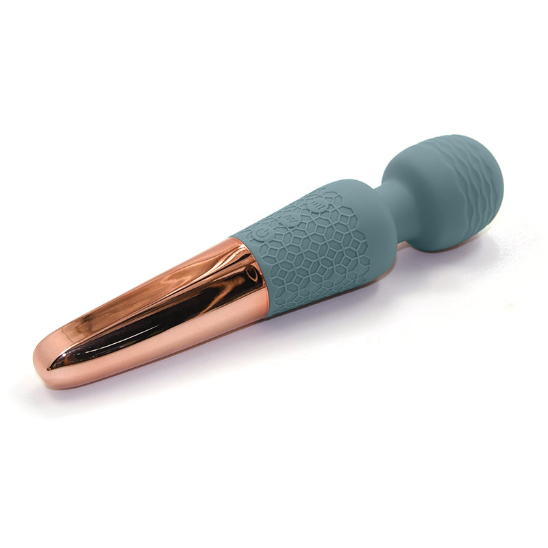 The Scepter luxury power wand by Sigh in  Stone Blue. A minimalist, silicone vibrator with a flexible head, showing the textured handle and charging port."
