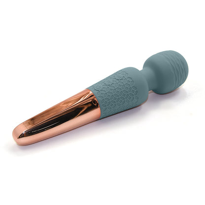 The Scepter luxury power wand by Sigh in  Stone Blue. A minimalist, silicone vibrator with a flexible head, showing the textured handle and charging port."